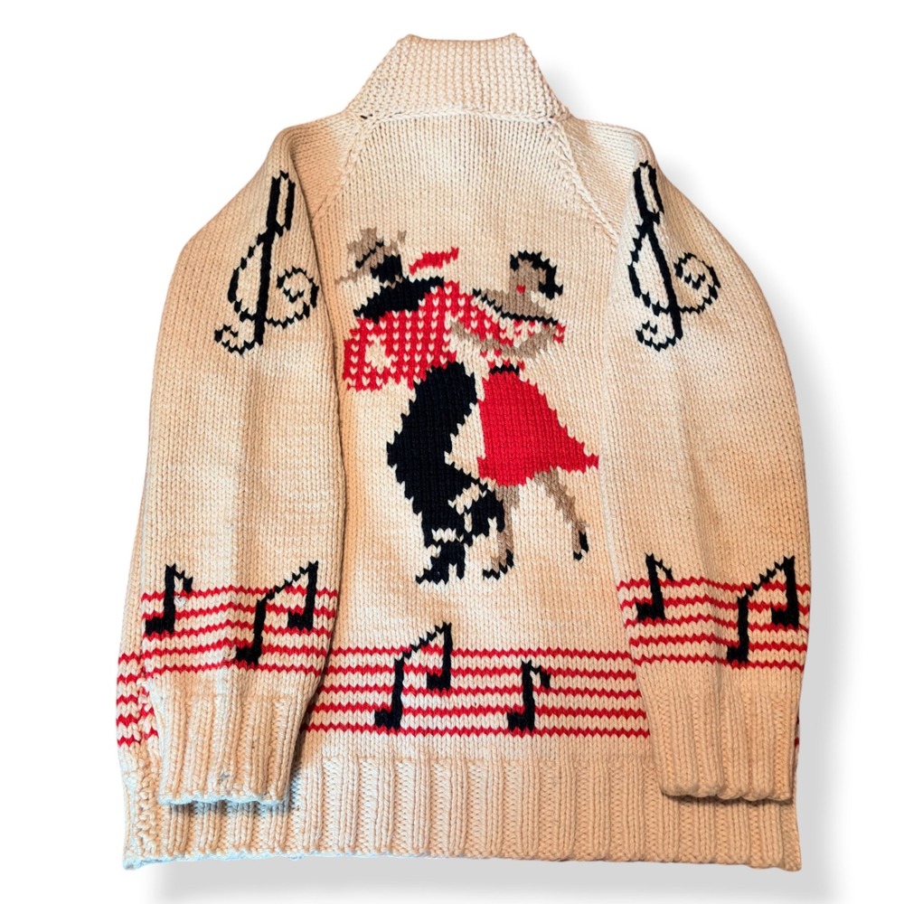 Vintage Cowichan Cardigan Sweater 50s 60s Music Notes Dancing Couple Cream Red L - Picture 2 of 13